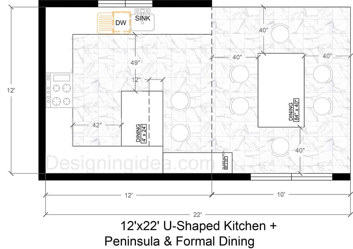 12×22 U‑Shaped Kitchen With Peninsula And Formal Dining Area