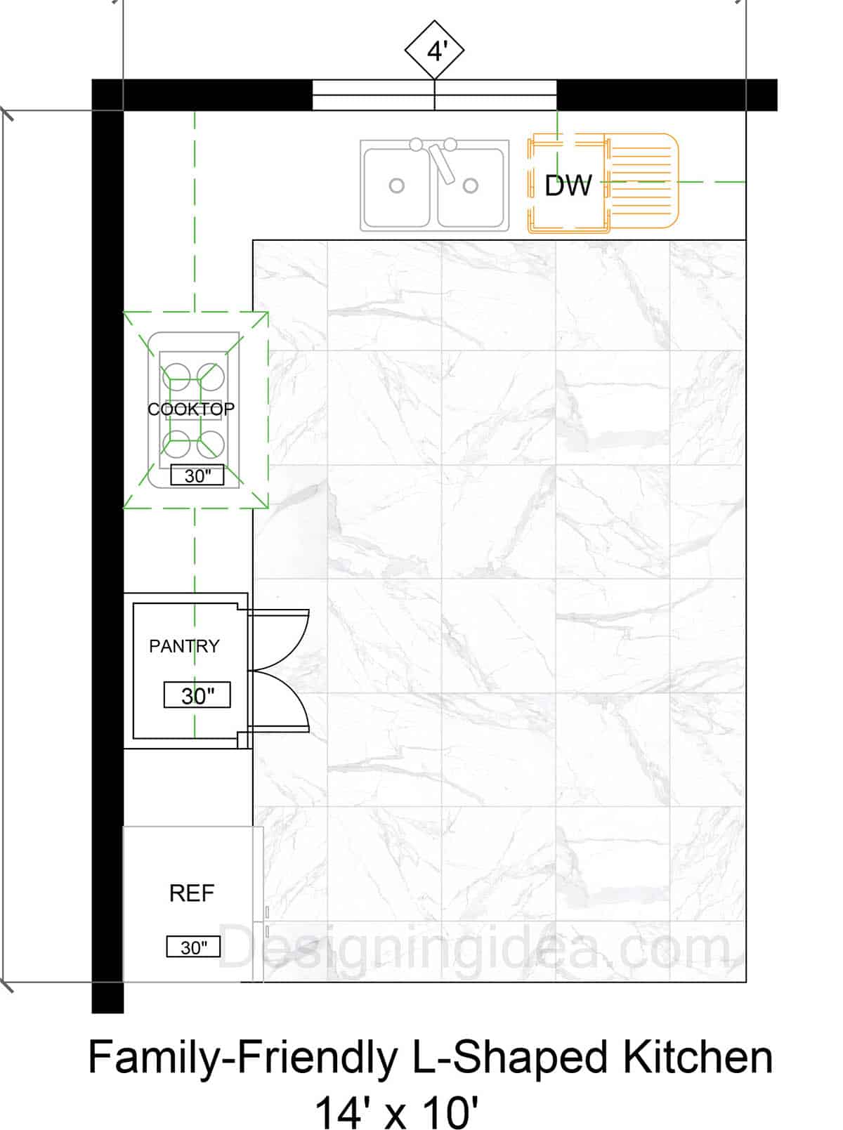 14x10 L-Shaped Family-Friendly Kitchen Floor Plan