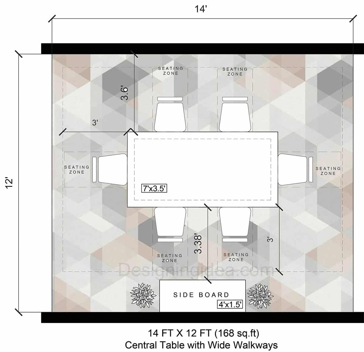 14x12 room with central table and wide walkways