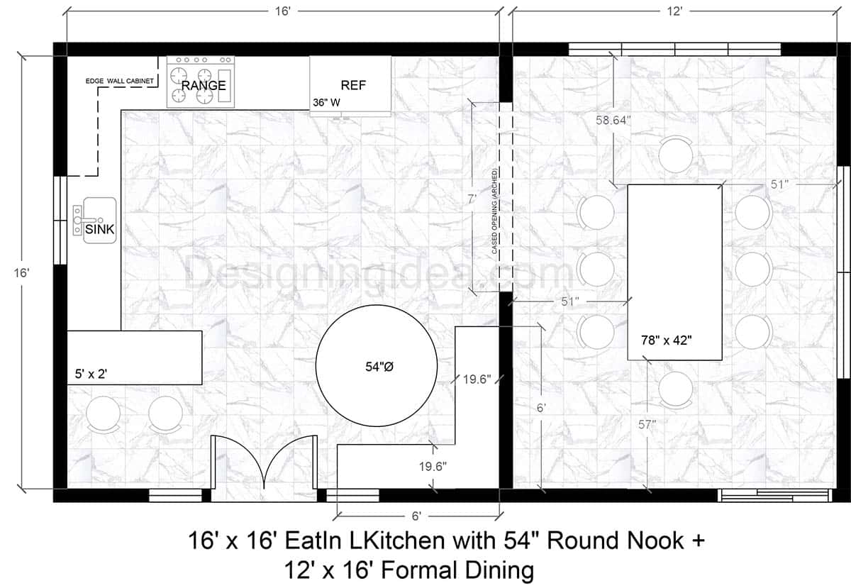 16×16 Eat‑In L-Shaped Kitchen With Round Nook And 12×16 Formal Dining Room