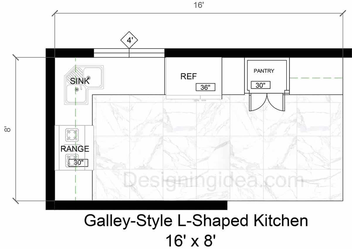 16x8 L-Shaped Galley-Style Kitchen Design