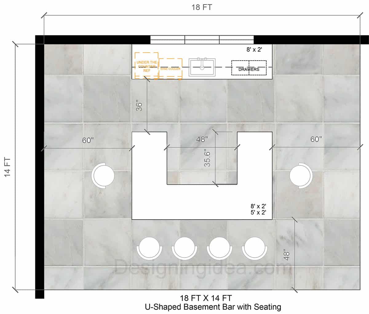 18x14 u shaped bar with seating layout