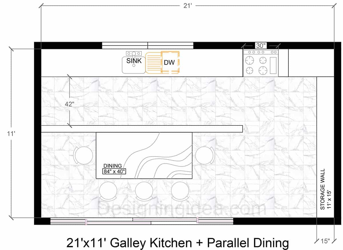 21×11 Galley Kitchen With Parallel Dining Layout