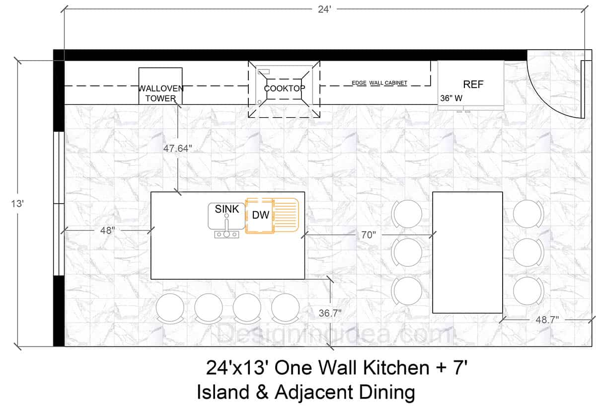 24x13 one wall kitchen with island layout and dining area