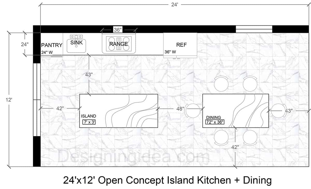 24×12 Open‑Concept Kitchen Island And Dining Table Layout