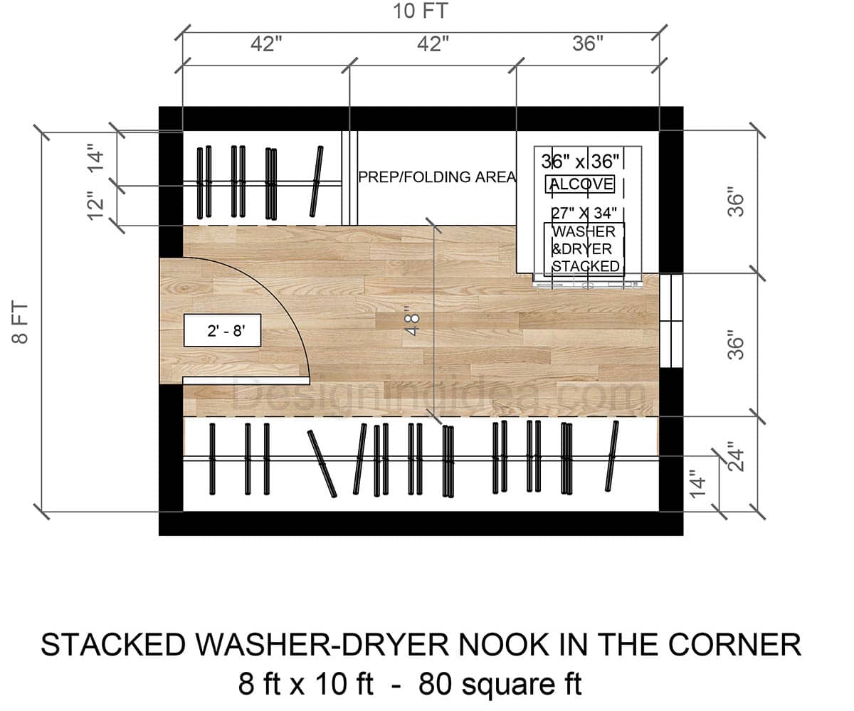8x10 laundry layout with stacked washer dryer nook in the corner