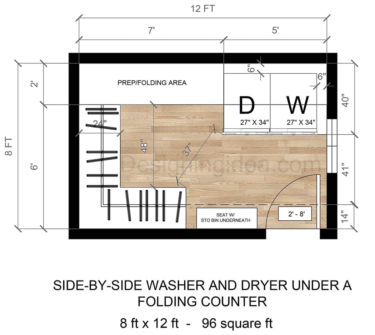 8x12 Laundry Room Closet Floor Plan With Side-by-Side Washer and Dryer