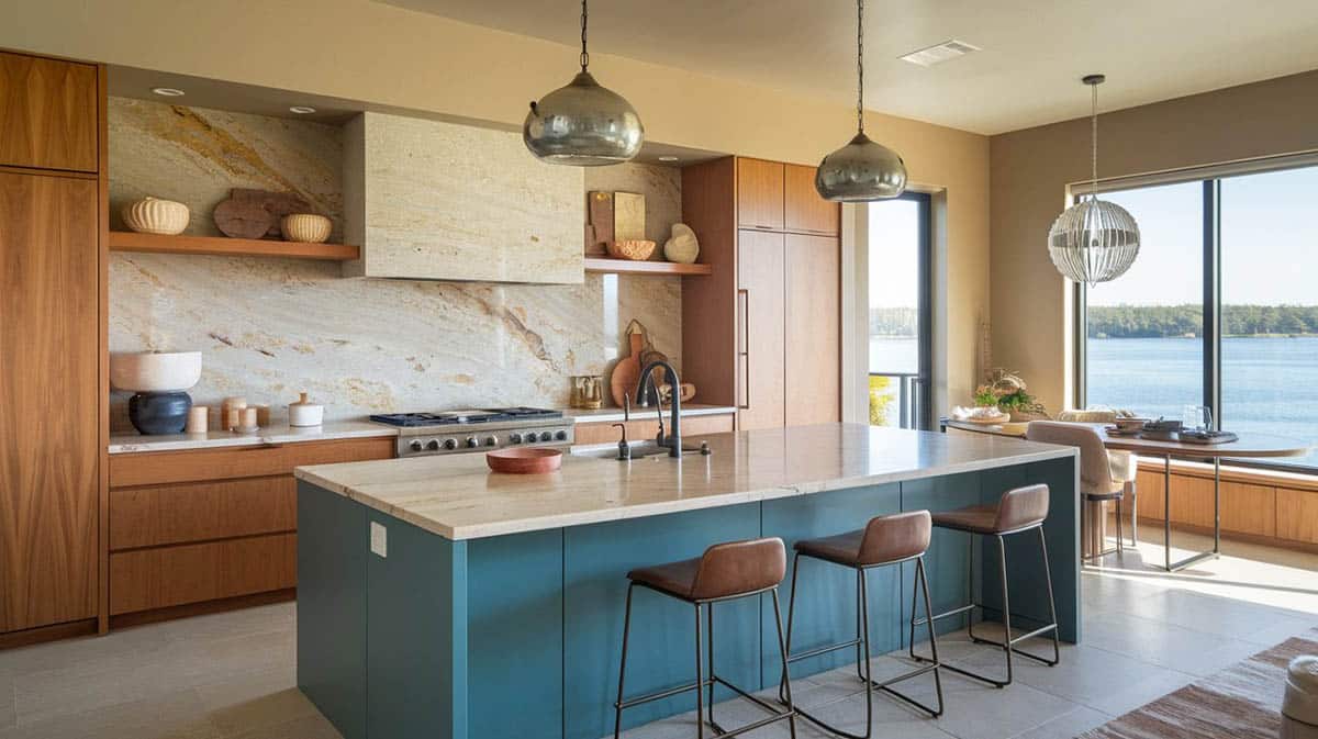 Contemporary kitchen with large earthy blue island and wood cabinets with quartz slab backsplash