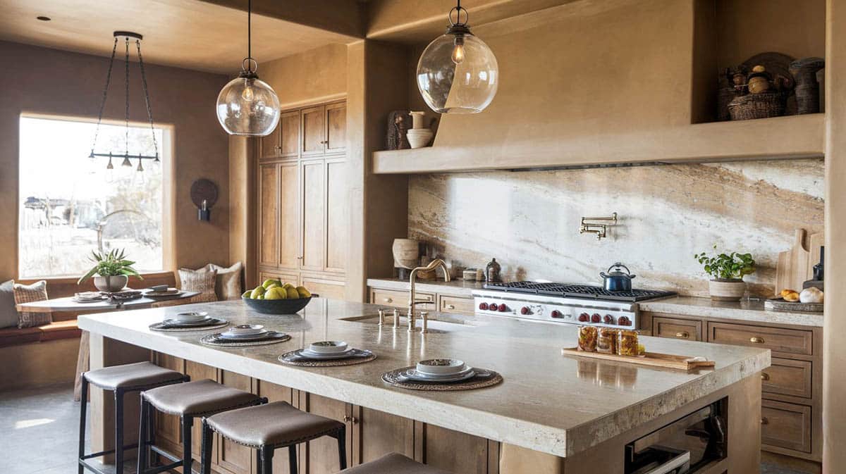 Modern earth tone kitchen with beige colors globe pendants and thick quartz surface counters