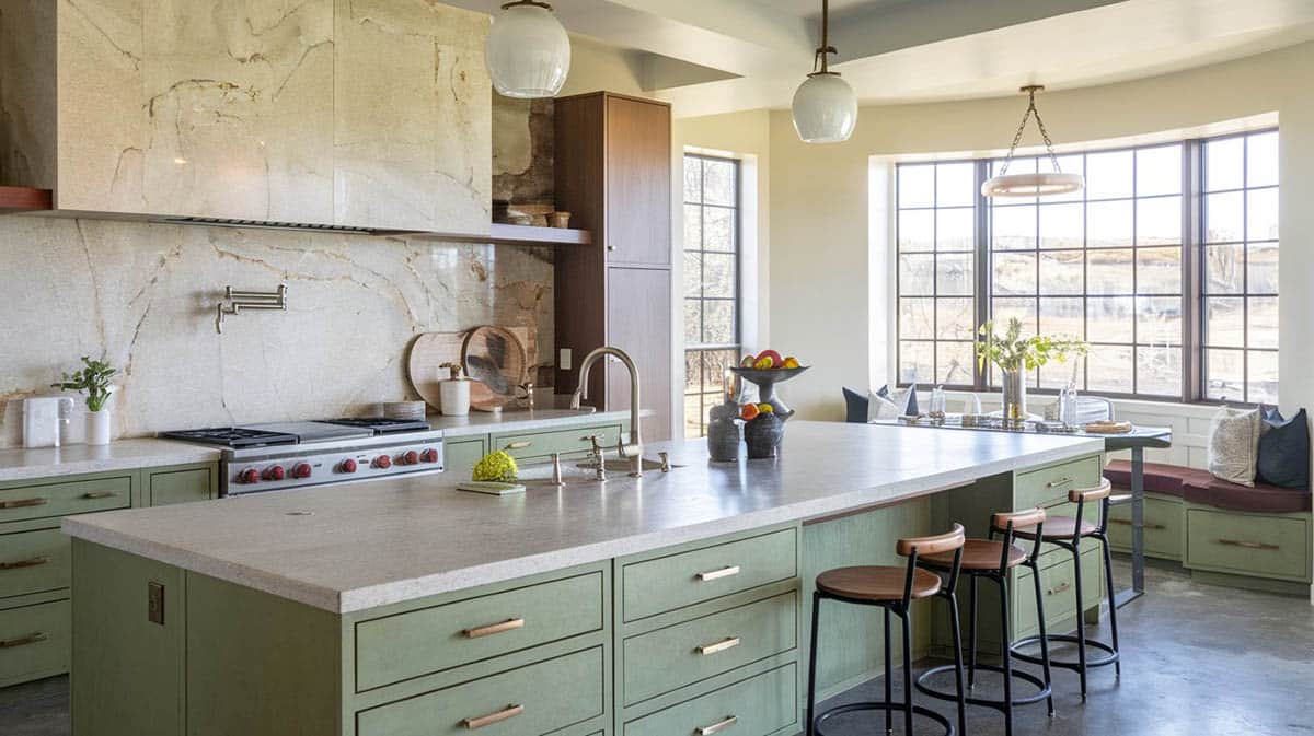 Modern design kitchen with a large sage island and flat panel cabinets with brushed gold hardware