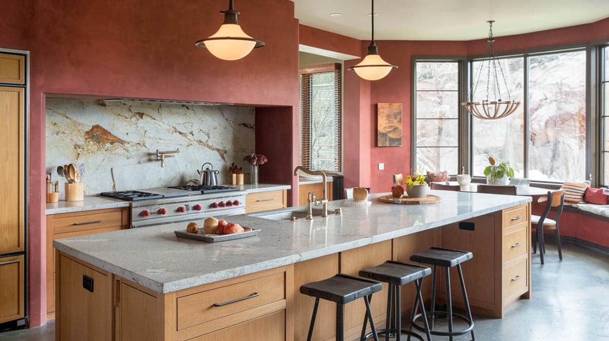 Kitchen with walls painted in sienna red light color cabinets and window seat dining area