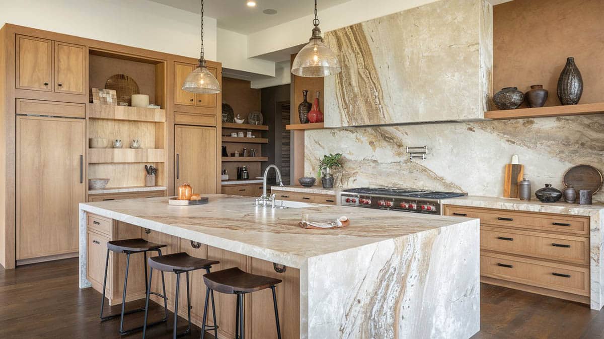 Modern style kitchen with brown earth tones quartz island