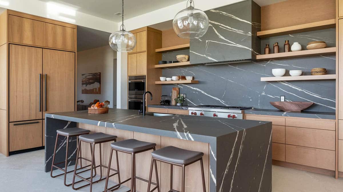 Modern veneer cabinetry kitchen with dark quartz solid slab backsplash and counters