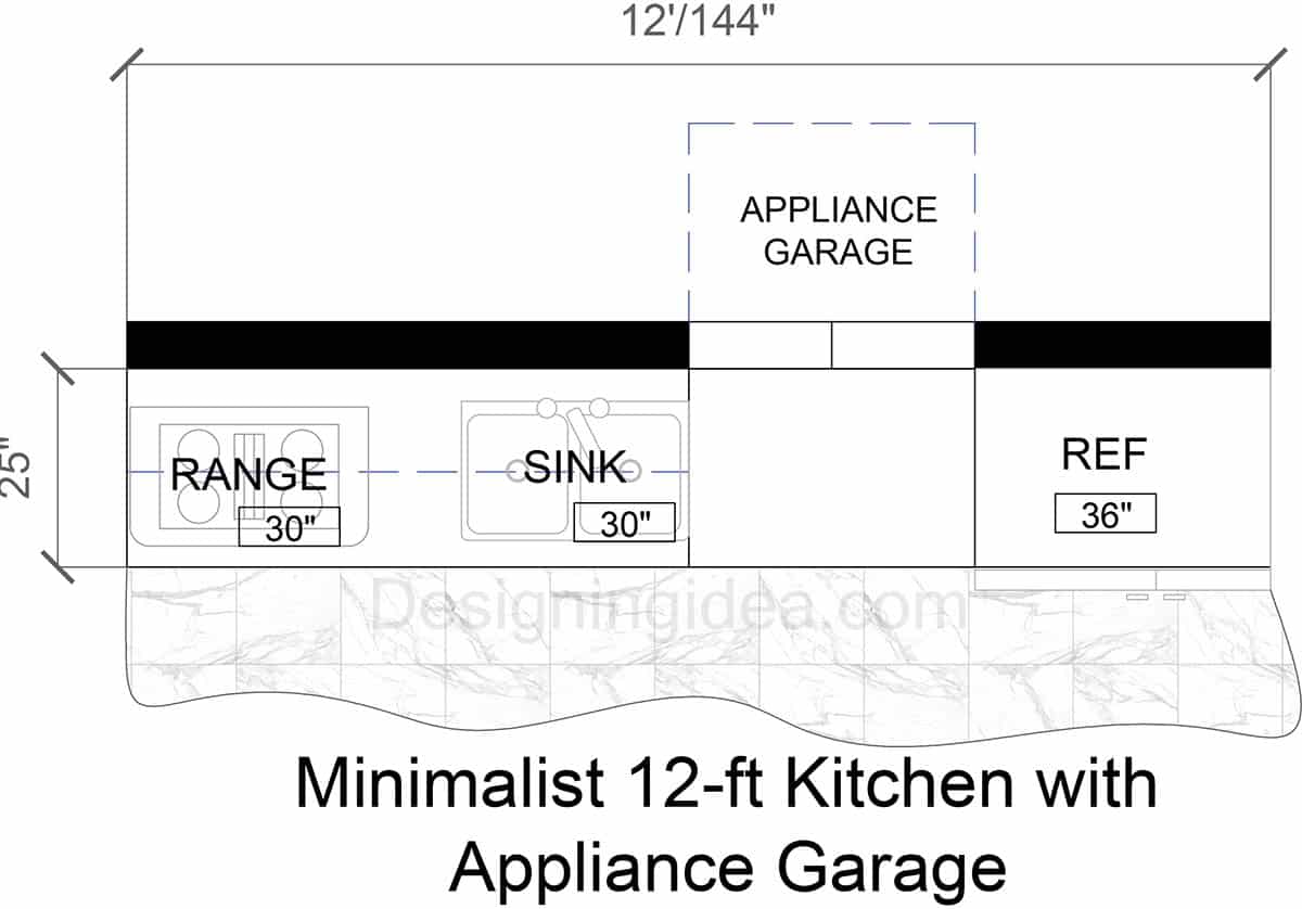 12ft Minimalist Kitchen with Appliance Garage Layout