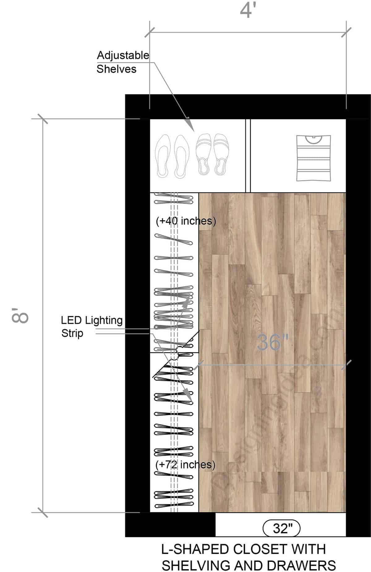 4x8 L-Shaped Closet with Shelving and Drawers Design