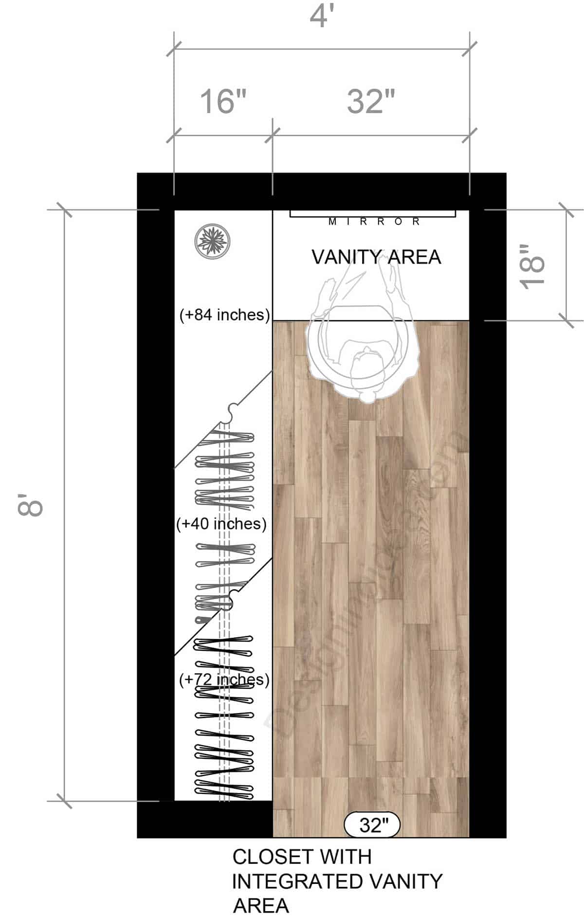 4x8 Walk-In Closet Floor Plan with Integrated Vanity Area