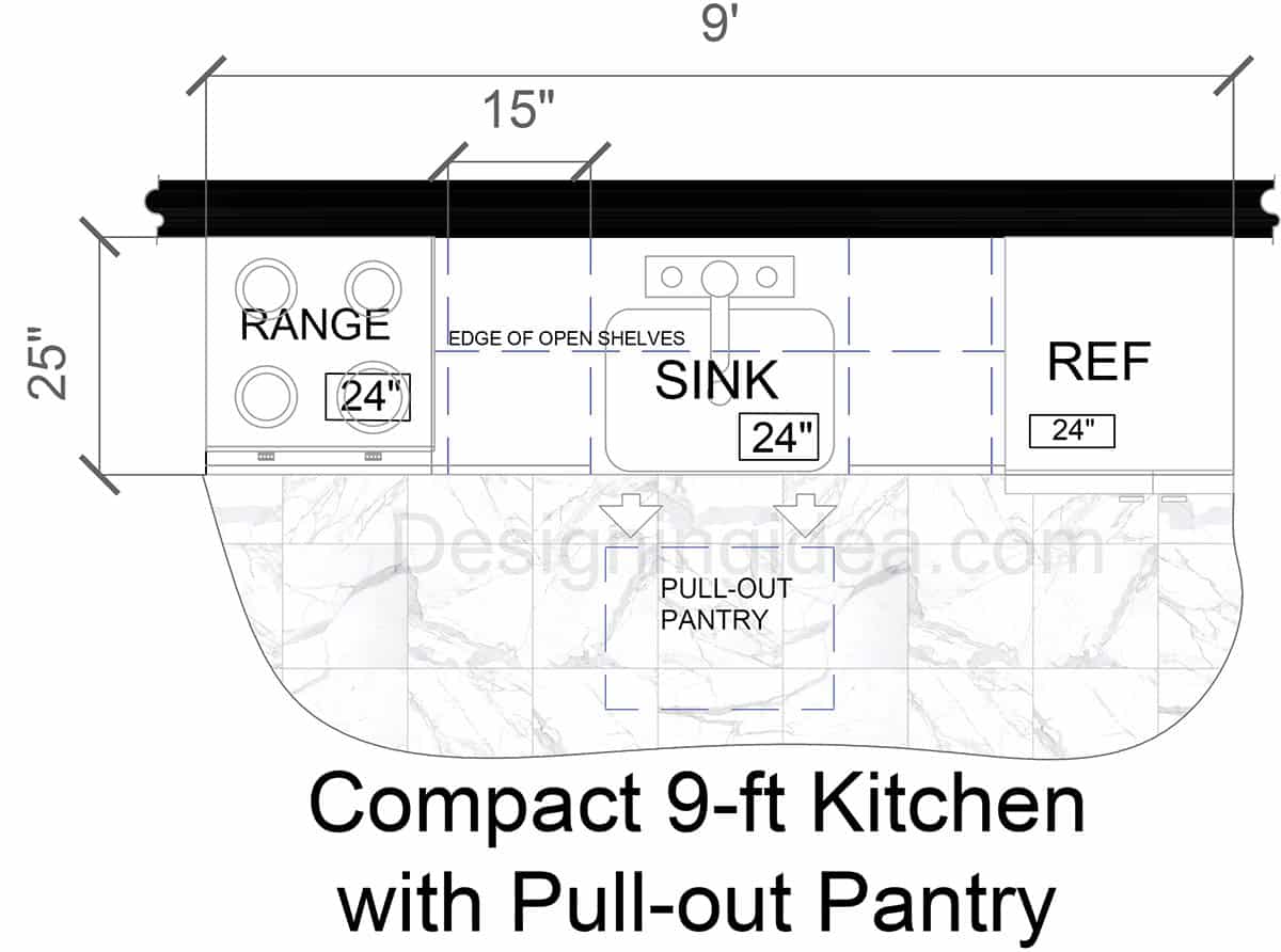 9ft Compact Kitchen with Pull-Out Pantry Layout