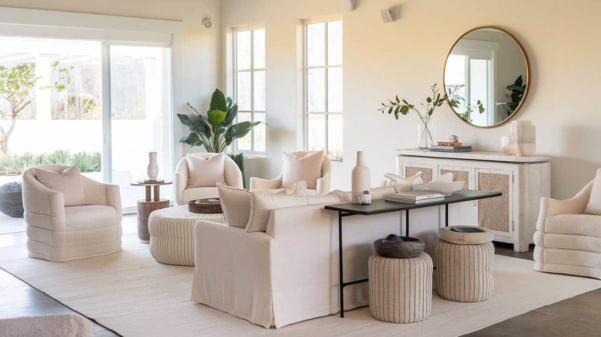 Beautiful living room with soft white tones gold rimmed mirror and comfortable sofa