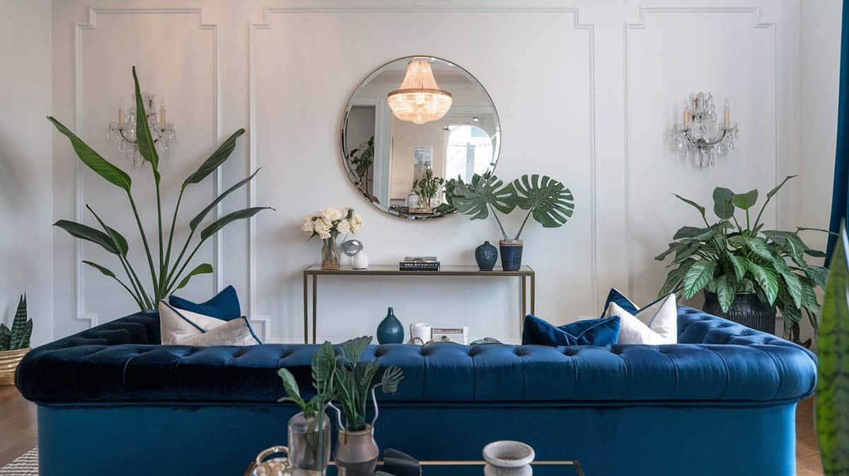 Stylish glam living room with velvet couch, round wall mirror above slim console table